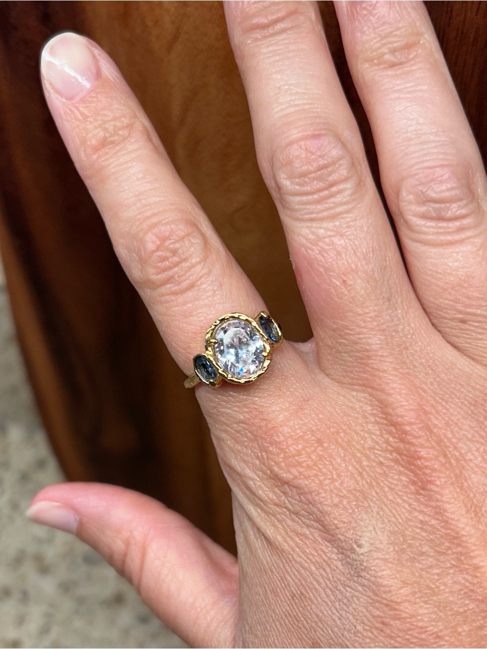 Bright Shining Ring Clear Center Stone and Blue Side Stones Tarnish Resistant